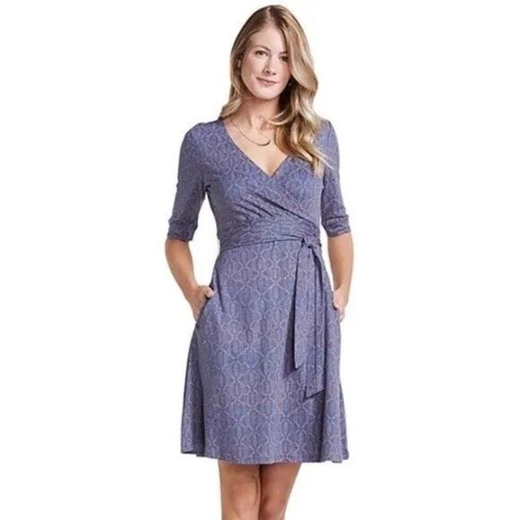 Toad & Co Women’s Cue Wrap Cafe Dress Medium Blue Pockets Organic Tencel Cotton - Picture 1 of 7